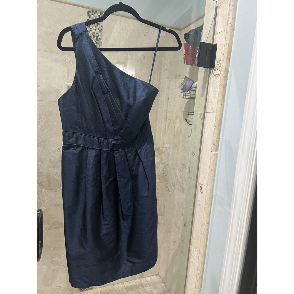 Annie Griffin Navy Blue Raw Silk One Shoulder Open Back Cocktail Dress 4 NEW